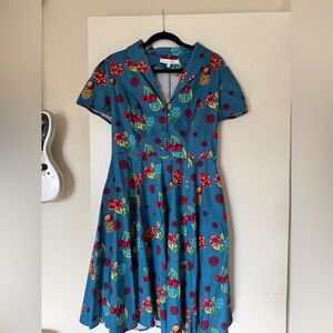 Vintage inspired  Blue Dress with Red and Yellow Accents